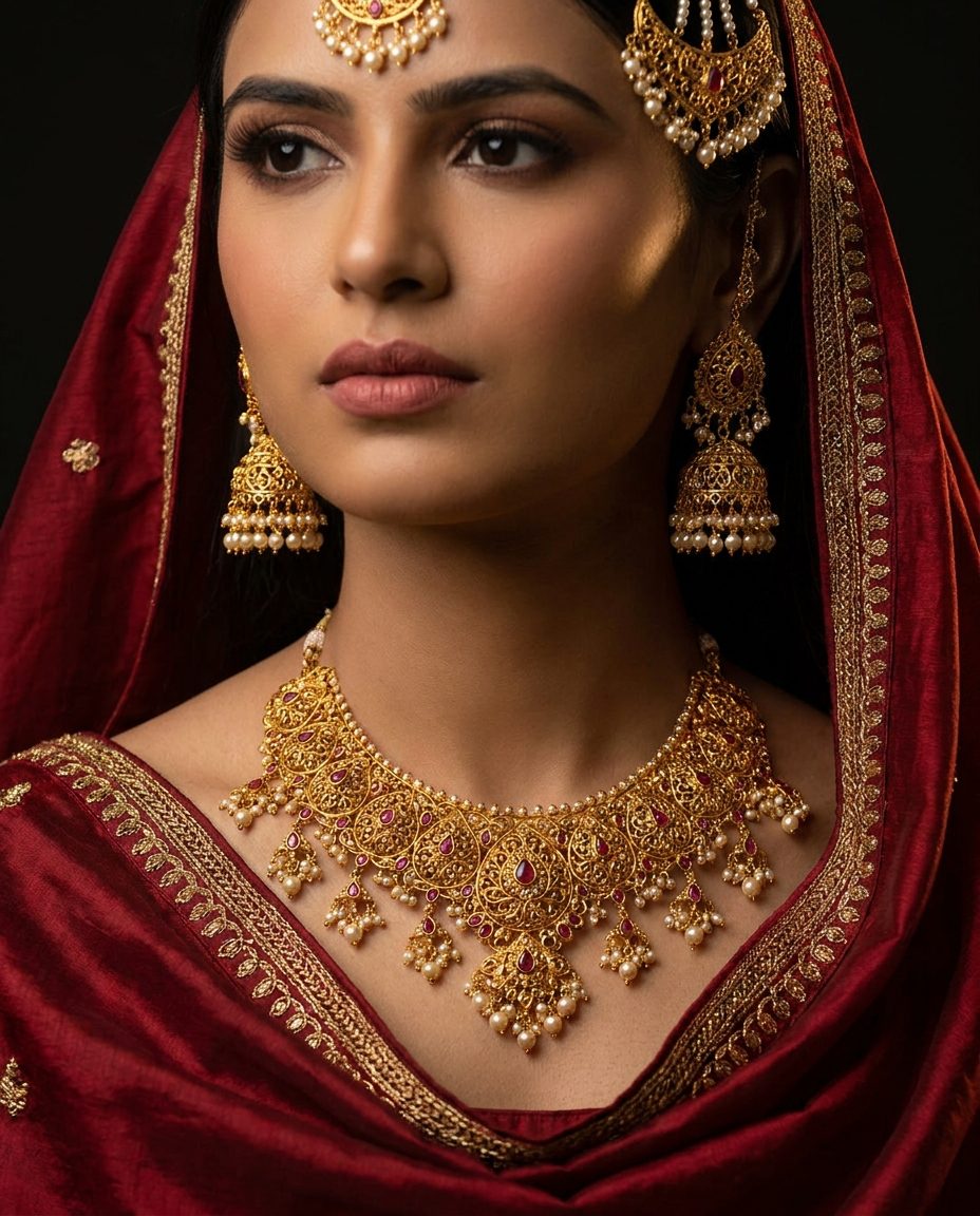 Bride wearing a gold choker necklace, jhumkas and maang tikka